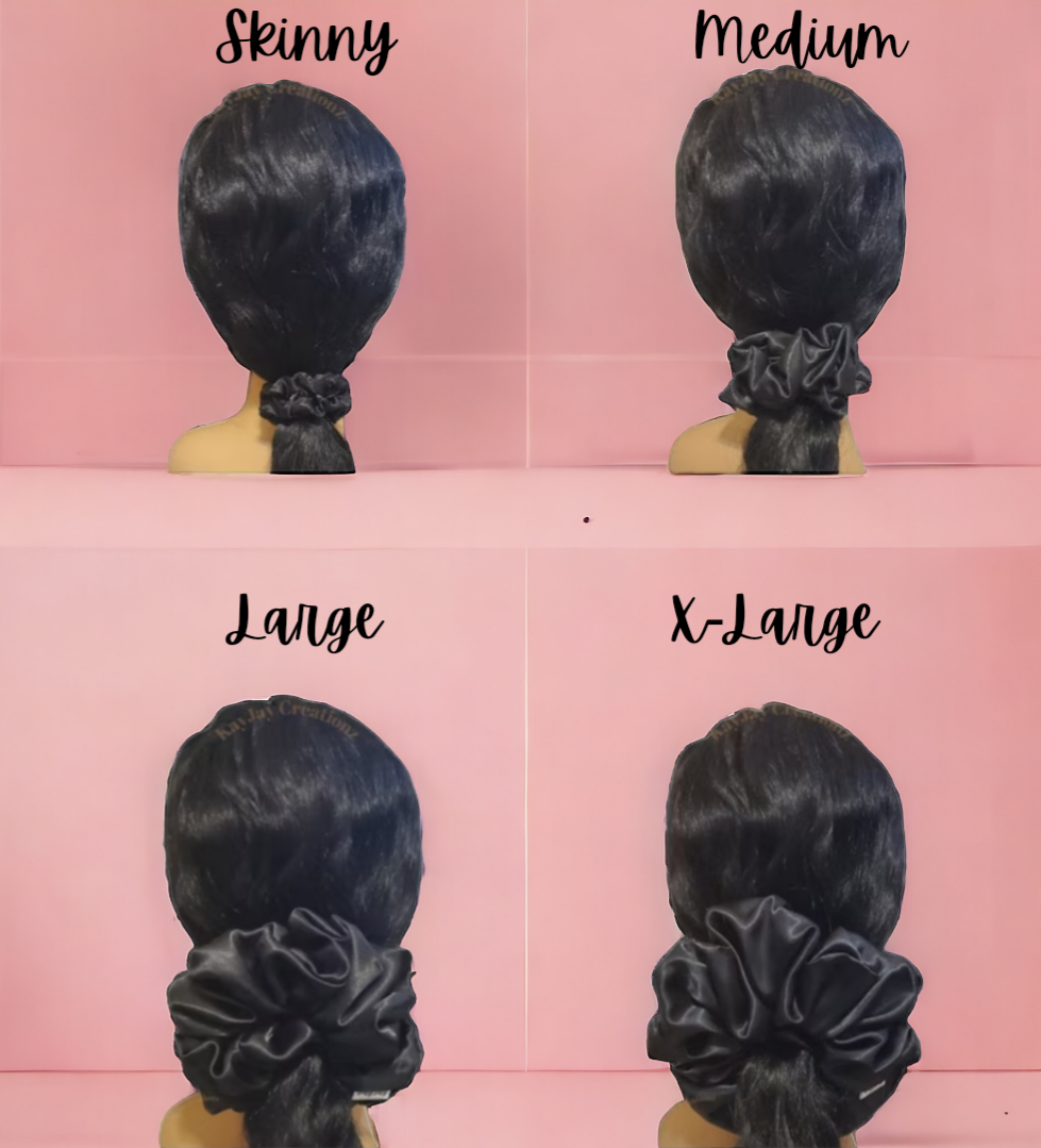 SET OF 3 SATIN SCRUNCHIES - CAFE, BLACK, PEACH