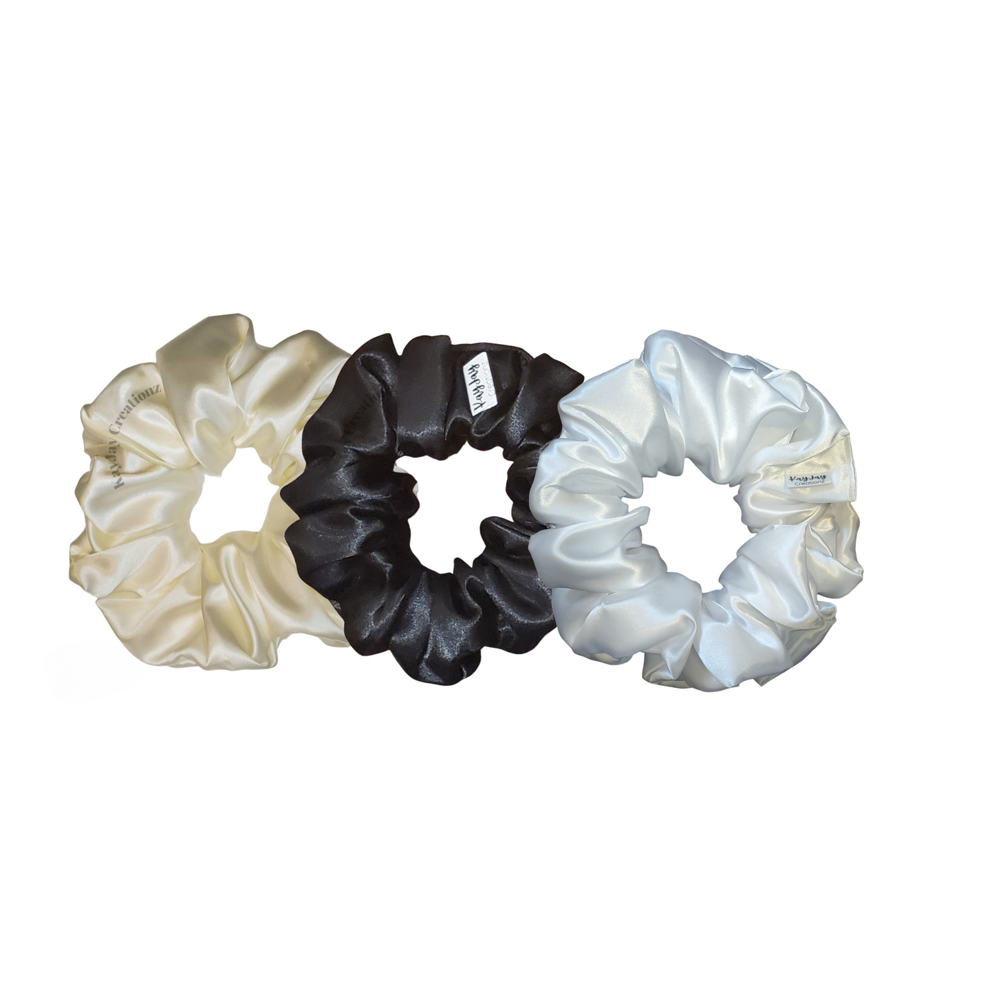 SET OF 3 SATIN SCRUNCHIES - IVORY, BLACK, WHITE