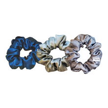 Load image into Gallery viewer, SET OF 3 SATIN SCRUNCHIES- TEAL, SAGE, GRAY
