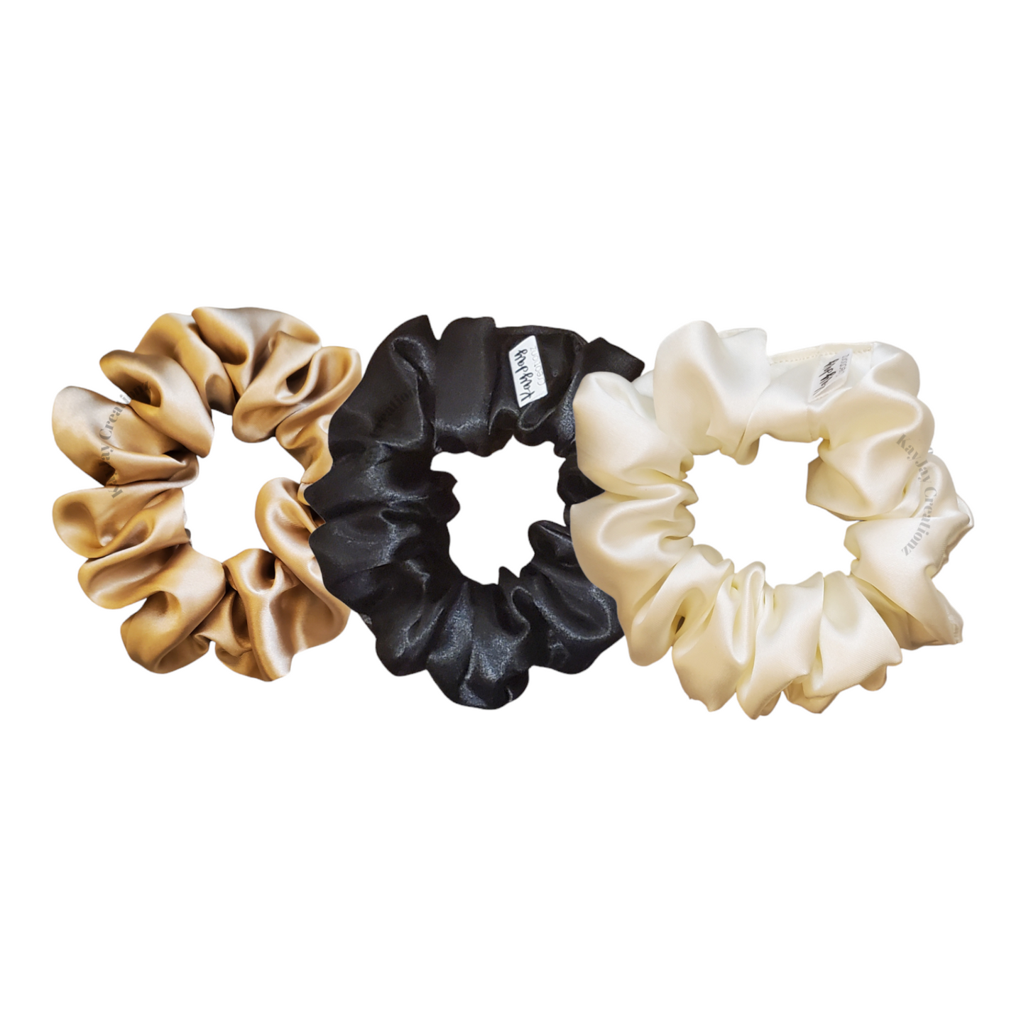 SET OF 3 SATIN SCRUNCHIES - CHAMPAGNE, BLACK, IVORY