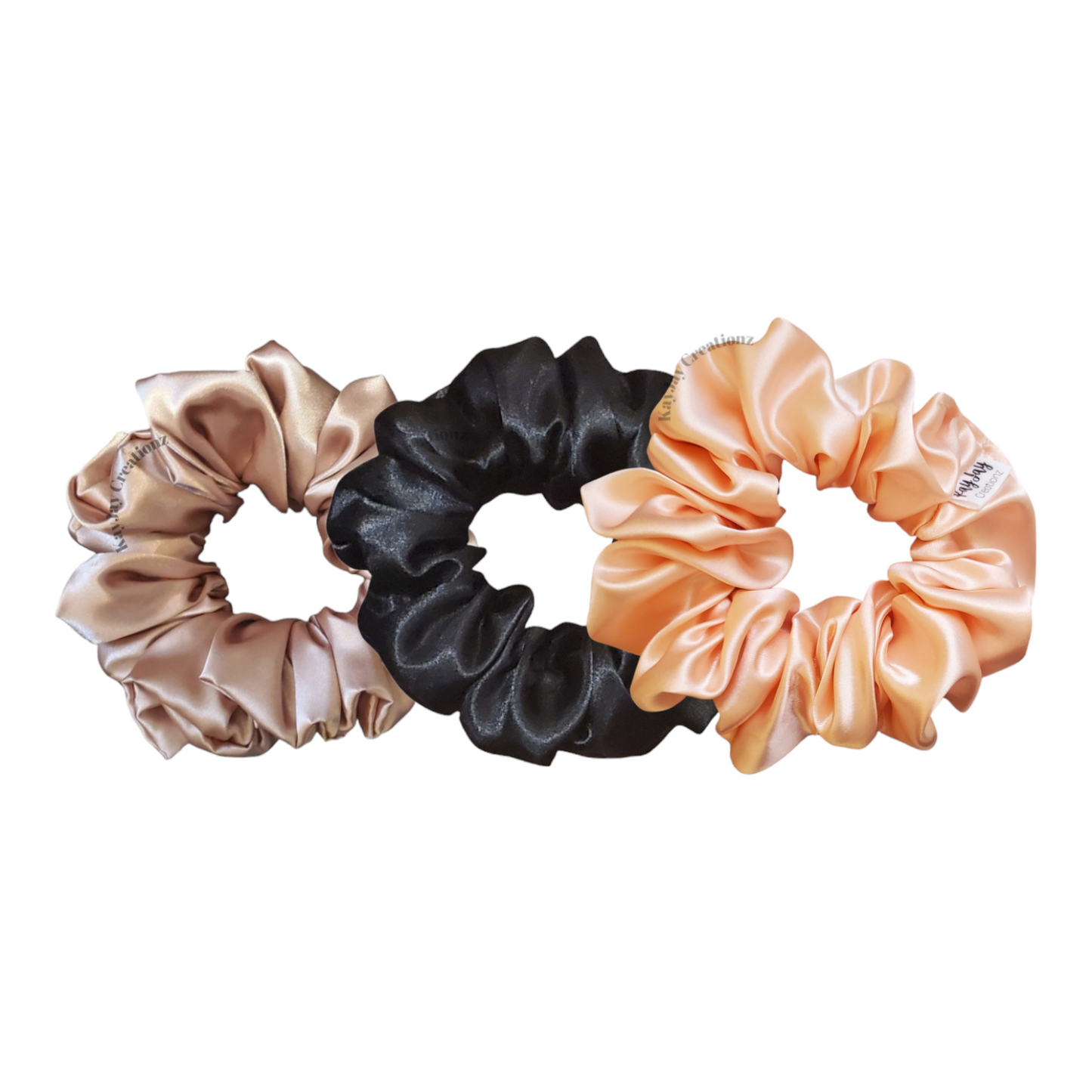 SET OF 3 SATIN SCRUNCHIES - CAFE, BLACK, PEACH
