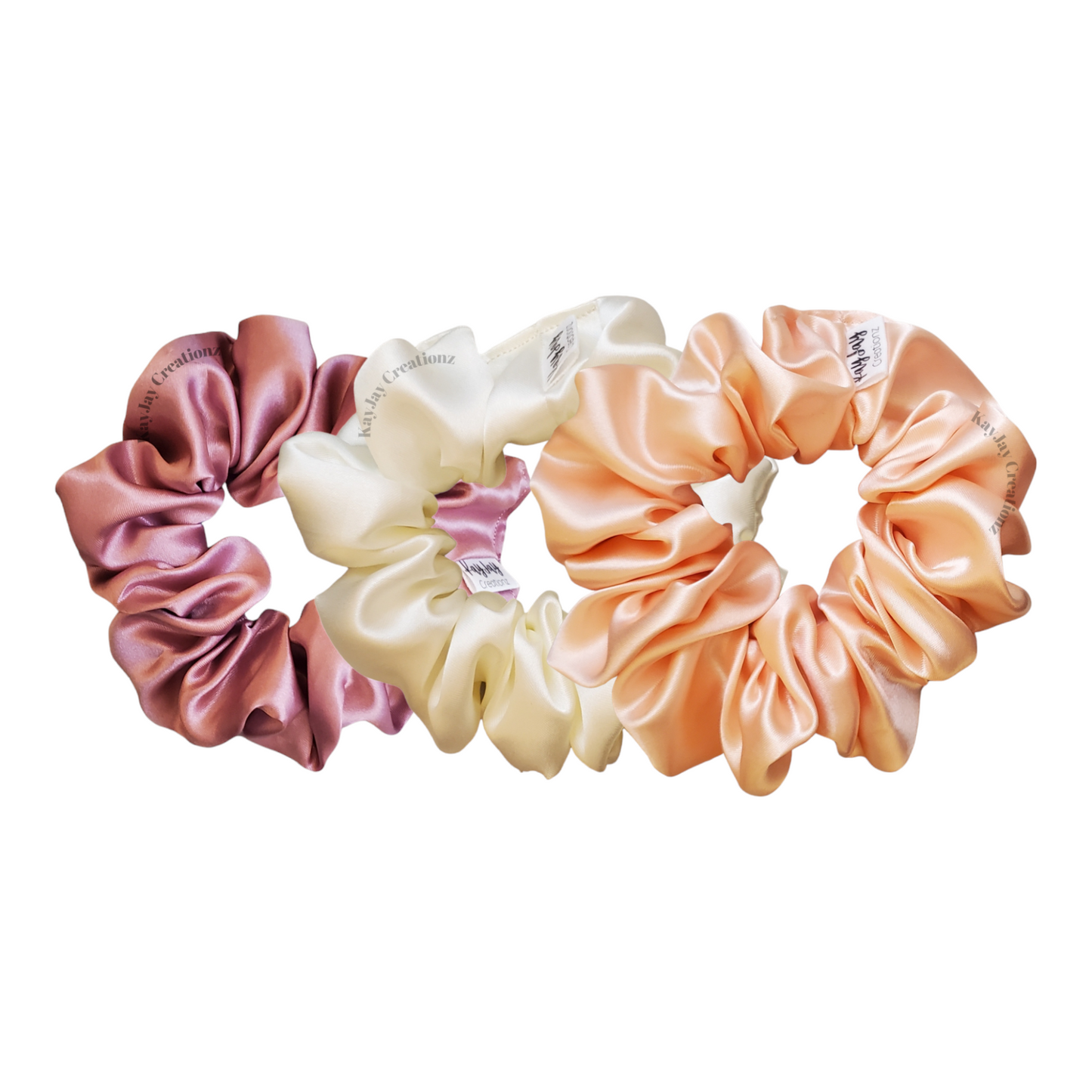 SET OF 3 SATIN SCRUNCHIES - BLUSH, IVORY, PEACH