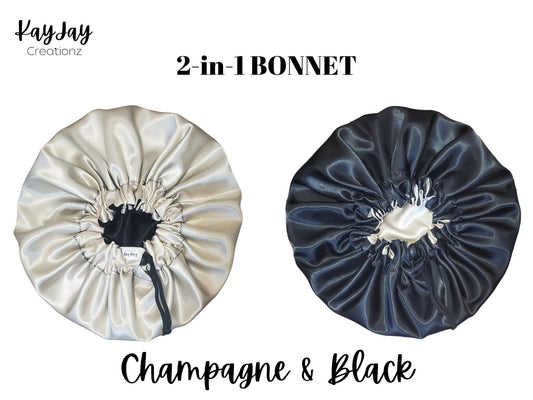 CHAMPAGNE & BLACK SATIN BONNET