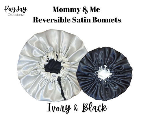 IVORY & BLACK - MOMMY AND BABY SATIN BONNET SET