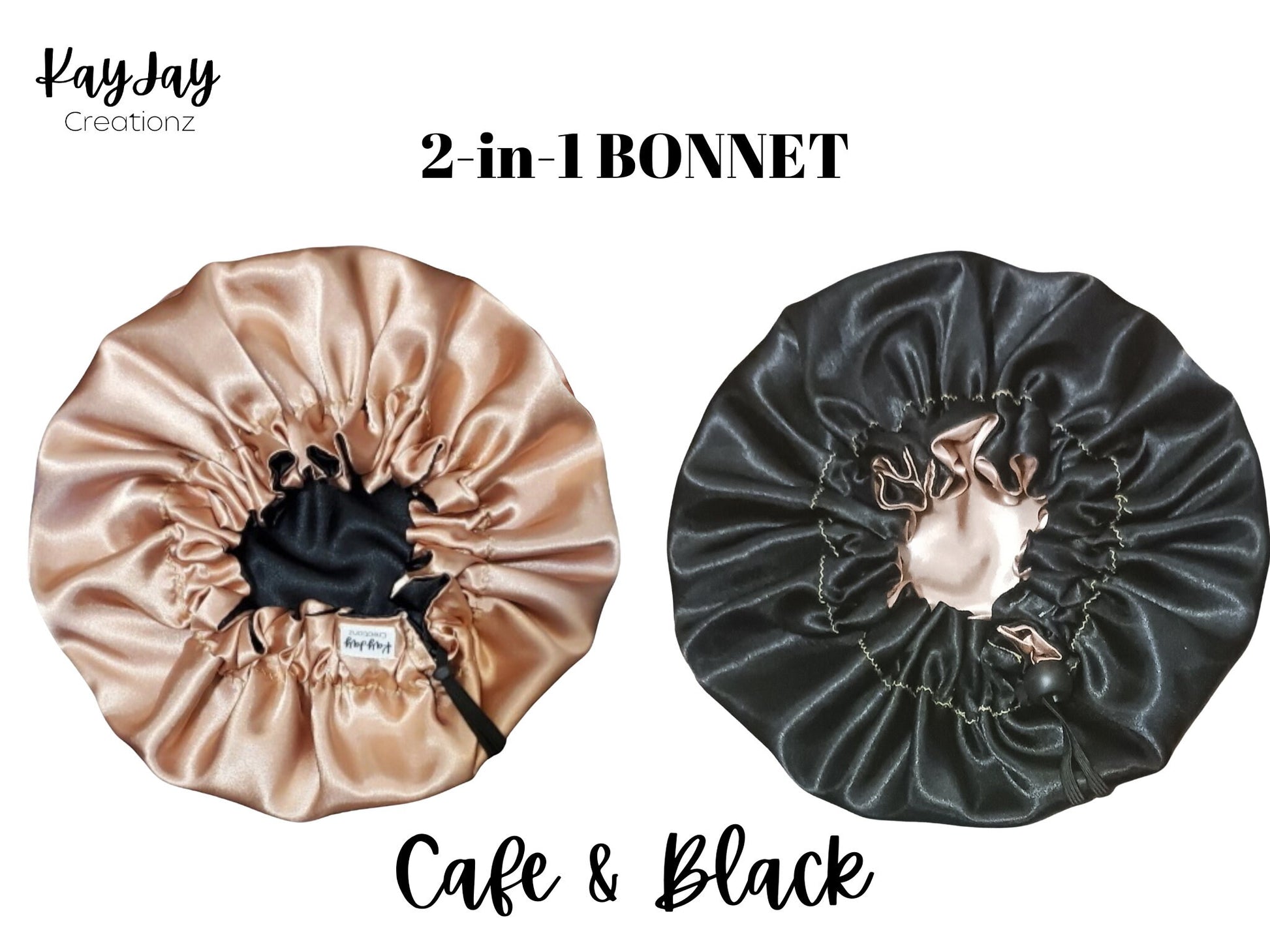 Cafe & Black Reversible Adult Silk Satin Bonnet| Double-Layered Reversible and Adjustable Satin Bonnet| Silk Satin Sleep Cap