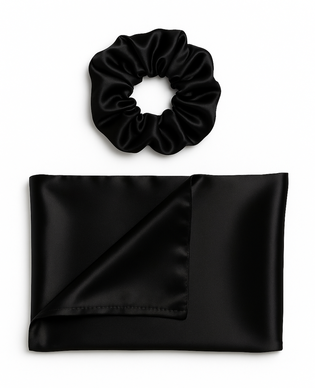 BLACK SATIN PILLOWCASE & MATCHING SCRUNCHIE SET