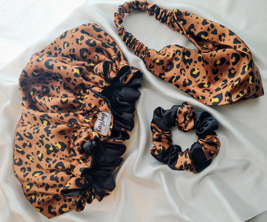 LEOPARD & BLACK SATIN BONNET SET