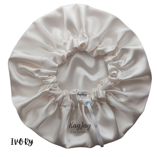 Ivory Silky Satin Bonnet| Neutral Solid Color | Double-Layered Reversible and Adjustable Satin Bonnets| Sizes Small - X-Large