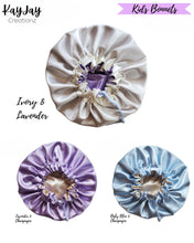 Load image into Gallery viewer, Lavender &amp; Ivory Satin Bonnet Bonnet| Double-Layered Reversible and Adjustable Satin Bonnet | Silk Satin Sleep Cap for Kids
