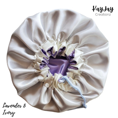 Lavender & Ivory Satin Bonnet Bonnet| Double-Layered Reversible and Adjustable Satin Bonnet | Silk Satin Sleep Cap for Kids