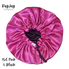 Load image into Gallery viewer, Hot Pink &amp; Black Adult Silk Satin Bonnet | Double-Layered Reversible and Adjustable Satin Bonnet | Silk Satin Sleep Cap

