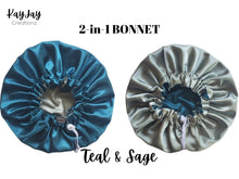 Load image into Gallery viewer, Teal &amp; Sage Reversible Adult Silk Satin Bonnet| Double-Layered Reversible and Adjustable Satin Bonnet | Silk Satin Sleep Cap

