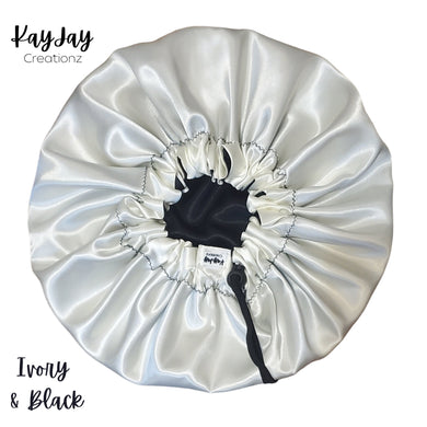 Ivory & Black Silk Satin Bonnet|Double-Layered Reversible and Adjustable Satin Bonnets | Adult Sizes Small - X-Large