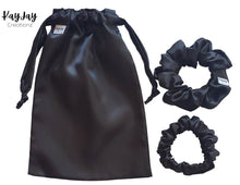 Load image into Gallery viewer, All-Black Handmade Satin Drawstring Bag Set for Travel, Jewelry, and Dust bag. Gift idea

