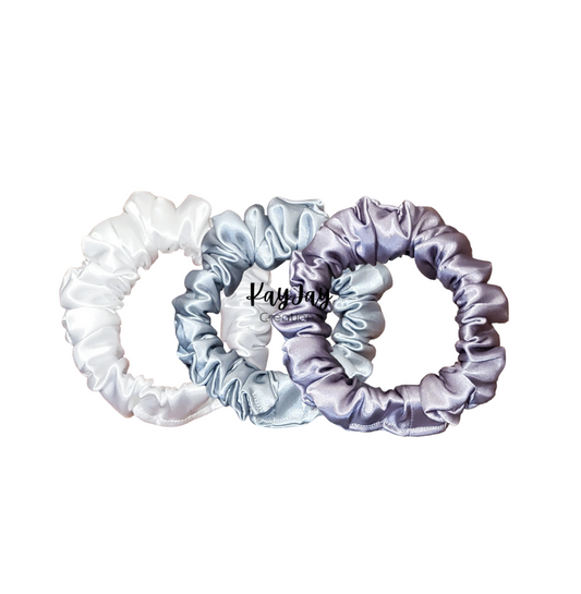 SILVER MULTI SKINNY SATIN SCRUNCHIES- SET OF 3