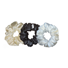 Load image into Gallery viewer, SET OF 3 SATIN SCRUNCHIES -  IVORY, BLACK, WHITE
