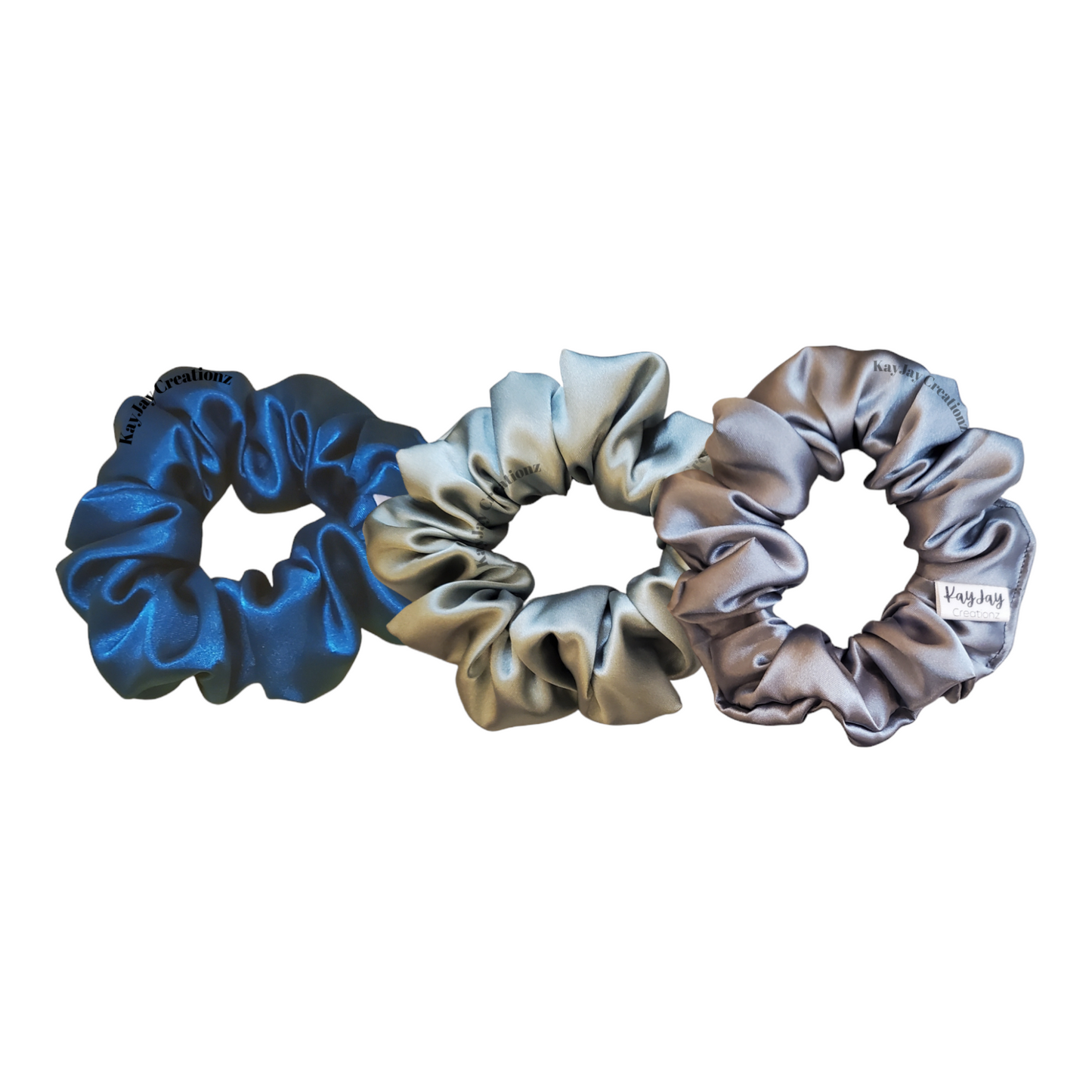 SET OF 3 SATIN SCRUNCHIES- TEAL, SAGE, GRAY