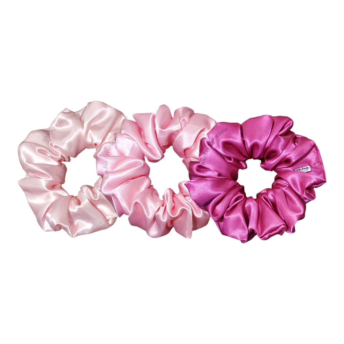 SET OF 3 SATIN SCRUNCHIES- LIGHT PINK, BABY PINK, HOT PINK