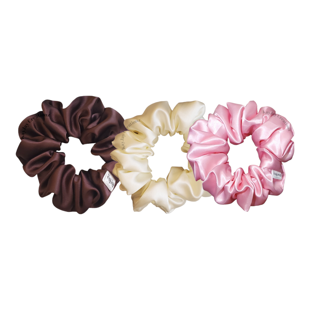 SET OF 3 SATIN SCRUNCHIES- BROWN, IVORY, BABY PINK