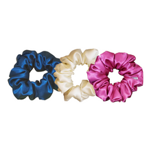 Load image into Gallery viewer, SET OF 3 SATIN SCRUNCHIES - TEAL, IVORY, HOT PINK
