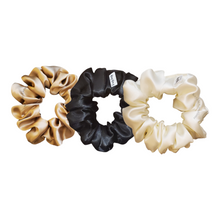 Load image into Gallery viewer, SET OF 3 SATIN SCRUNCHIES -  CHAMPAGNE, BLACK, IVORY
