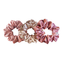 Load image into Gallery viewer, SET OF 3 SATIN SCRUNCHIES - BLUSH, CAFE, MAUVE
