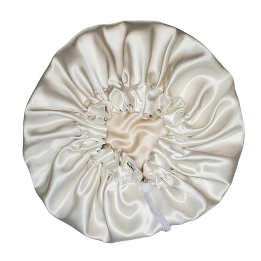 Ivory & Champagne Adult Silk Satin Bonnet| Double-Layered Reversible and Adjustable Satin Bonnet | Silk Satin Sleep Cap
