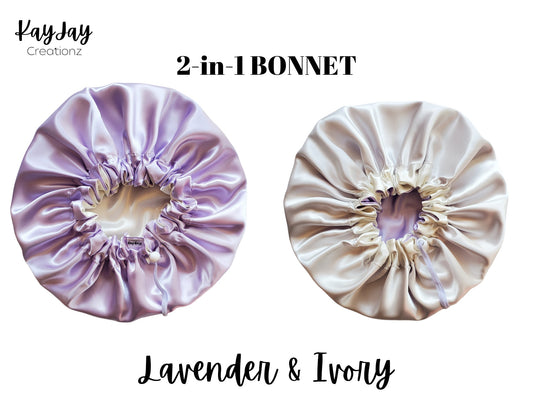 Lavender & Ivory Satin Bonnet Bonnet| Double-Layered Reversible and Adjustable Satin Bonnet | Silk Satin Sleep Cap for Kids