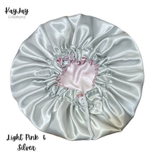 Load image into Gallery viewer, Light Pink &amp; Silver Reversible Adult Silk Satin Bonnet| Double-Layered Reversible and Adjustable Satin Bonnet| Silk Satin Sleep Cap
