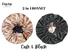 Load image into Gallery viewer, Cafe &amp; Black Reversible Adult Silk Satin Bonnet| Double-Layered Reversible and Adjustable Satin Bonnet| Silk Satin Sleep Cap
