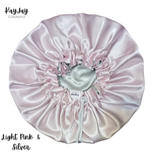 Load image into Gallery viewer, Light Pink &amp; Silver Reversible Adult Silk Satin Bonnet| Double-Layered Reversible and Adjustable Satin Bonnet| Silk Satin Sleep Cap
