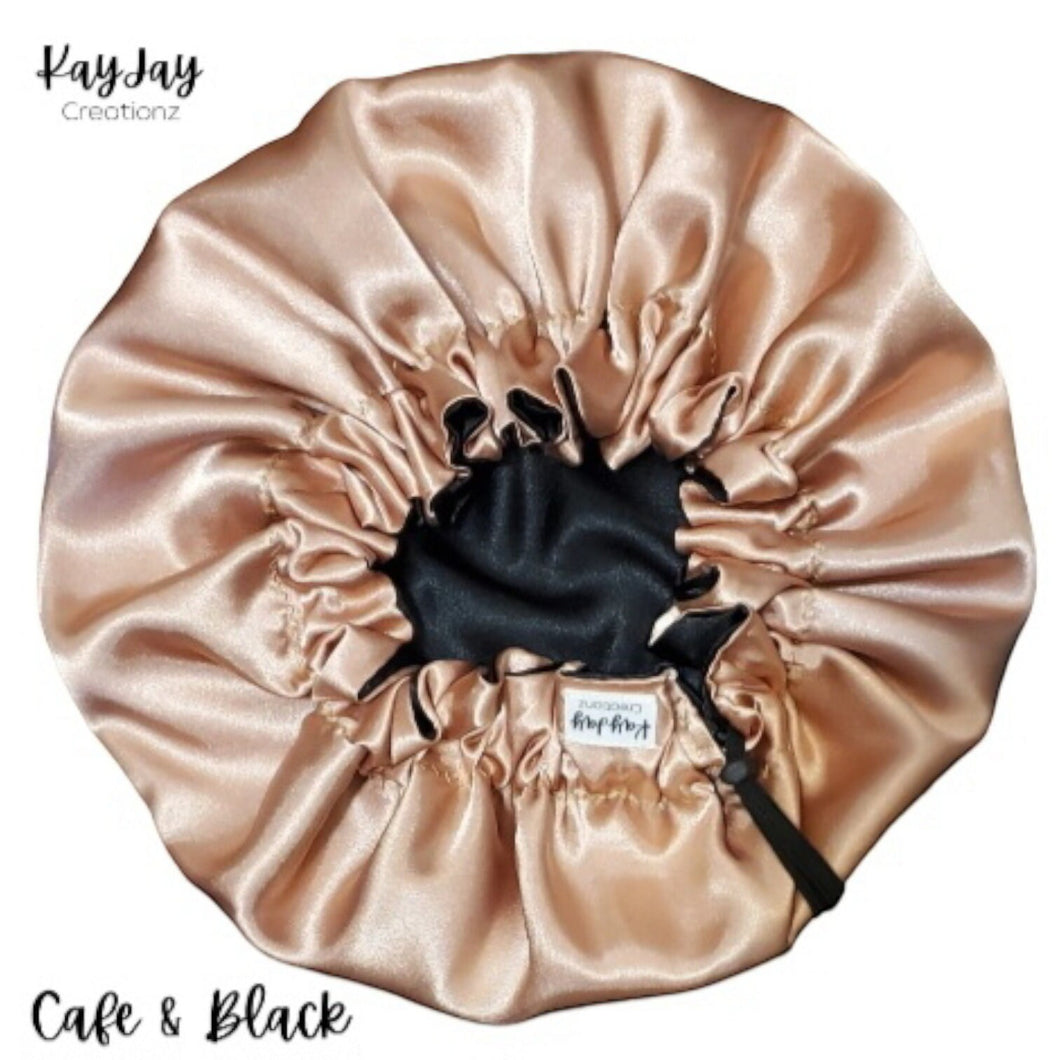 Cafe & Black Reversible Adult Silk Satin Bonnet| Double-Layered Reversible and Adjustable Satin Bonnet| Silk Satin Sleep Cap