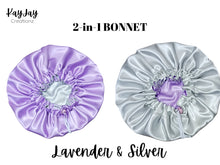 Load image into Gallery viewer, Lavender &amp; Silver Reversible Adult Silk Satin Bonnet| Double-Layered Reversible and Adjustable Satin Bonnet| Silk Satin Sleep Cap
