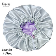 Load image into Gallery viewer, Lavender &amp; Silver Reversible Adult Silk Satin Bonnet| Double-Layered Reversible and Adjustable Satin Bonnet| Silk Satin Sleep Cap
