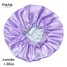 Load image into Gallery viewer, Lavender &amp; Silver Reversible Adult Silk Satin Bonnet| Double-Layered Reversible and Adjustable Satin Bonnet| Silk Satin Sleep Cap
