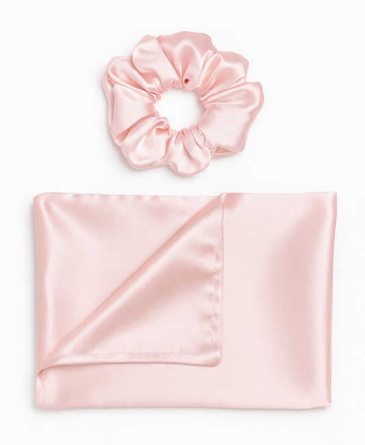 PINK SATIN PILLOWCASE & MATCHING SCRUNCHIE SET