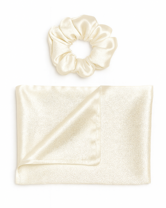 IVORY SATIN PILLOWCASE & MATCHING SCRUNCHIE SET