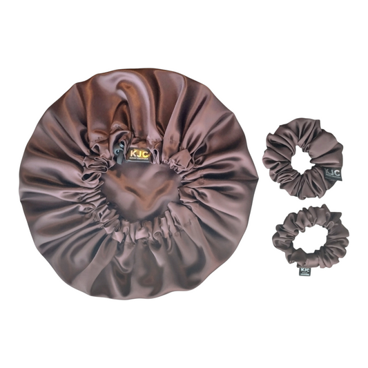 BROWN SATIN BONNET + SCRUNCHIES
