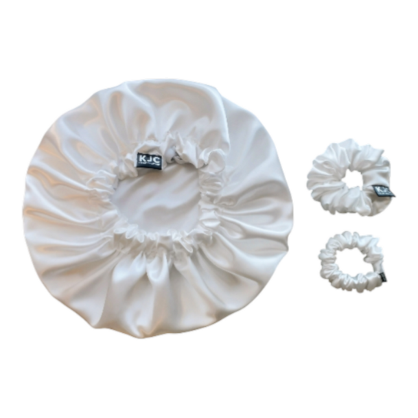 IVORY SATIN BONNET + SCRUNCHIES