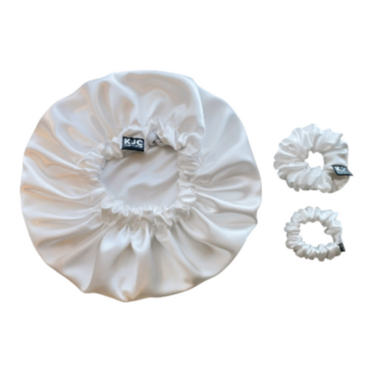 IVORY SATIN BONNET + SCRUNCHIES