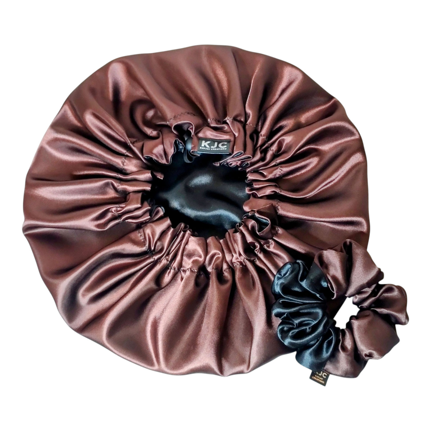 BROWN & BLACK SATIN BONNET & SCRUNCHIE