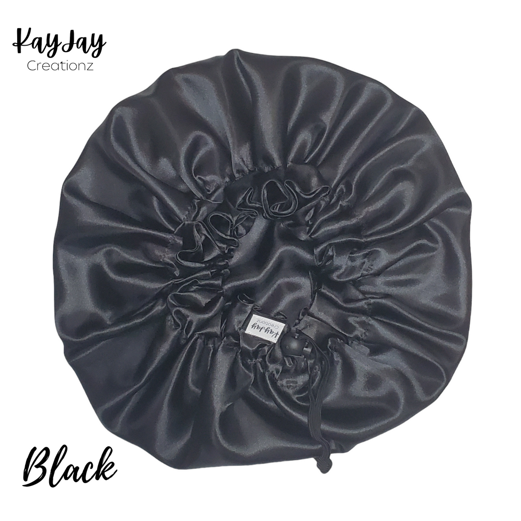 Black Satin Bonnet| Solid Color Double-Layered Reversible & Adjustable Satin Bonnets | Silk Satin Sleep Cap for Kids