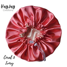 Load image into Gallery viewer, Coral &amp; Ivory Adult Silk Satin Bonnets| Double-Layered Reversible and Adjustable Satin Bonnets | Silk Satin Sleep Caps
