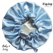 Load image into Gallery viewer, Baby Blue &amp; Ivory Bonnet| Double-Layered Reversible and Adjustable Satin Bonnet | Silk Satin Sleep Cap for Kids
