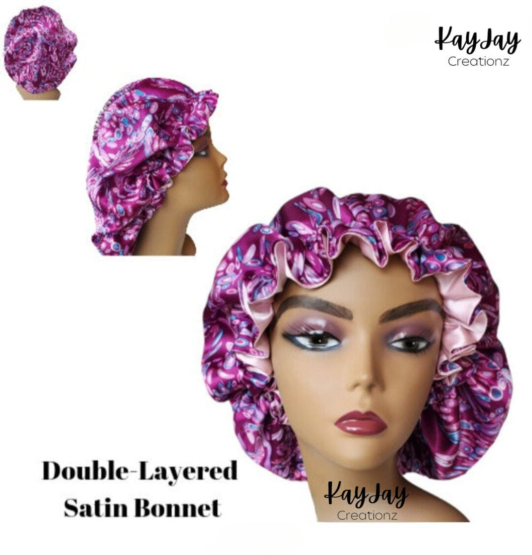 Pink Abstract Swirl Adult Satin Bonnet Print | Double-Layered Reversible & Adjustable Satin Bonnet