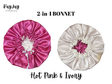 Load image into Gallery viewer, Hot Pink &amp; Ivory Adult Silk Satin Bonnets| Double-Layered Reversible and Adjustable Satin Bonnets | Silk Satin Sleep Caps
