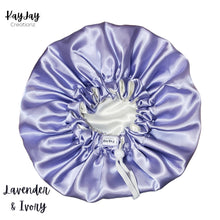 Load image into Gallery viewer, Lavender &amp; Ivory Reversible Adult Silk Satin Bonnet| Double-Layered Reversible and Adjustable Satin Bonnet | Silk Satin Sleep Cap
