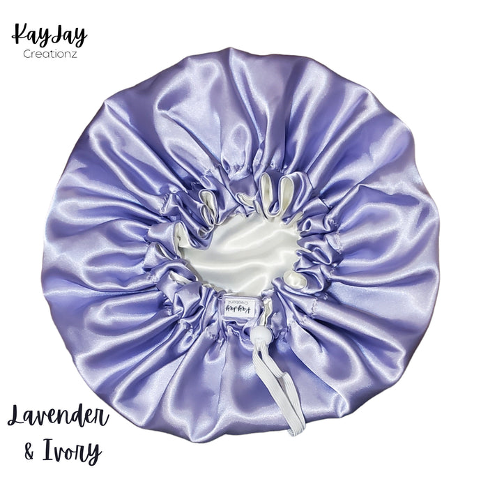 Lavender & Ivory Reversible Adult Silk Satin Bonnet| Double-Layered Reversible and Adjustable Satin Bonnet | Silk Satin Sleep Cap