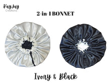 Load image into Gallery viewer, Ivory &amp; Black Silk Satin Bonnet|Double-Layered Reversible and Adjustable Satin Bonnets | Adult Sizes Small - X-Large
