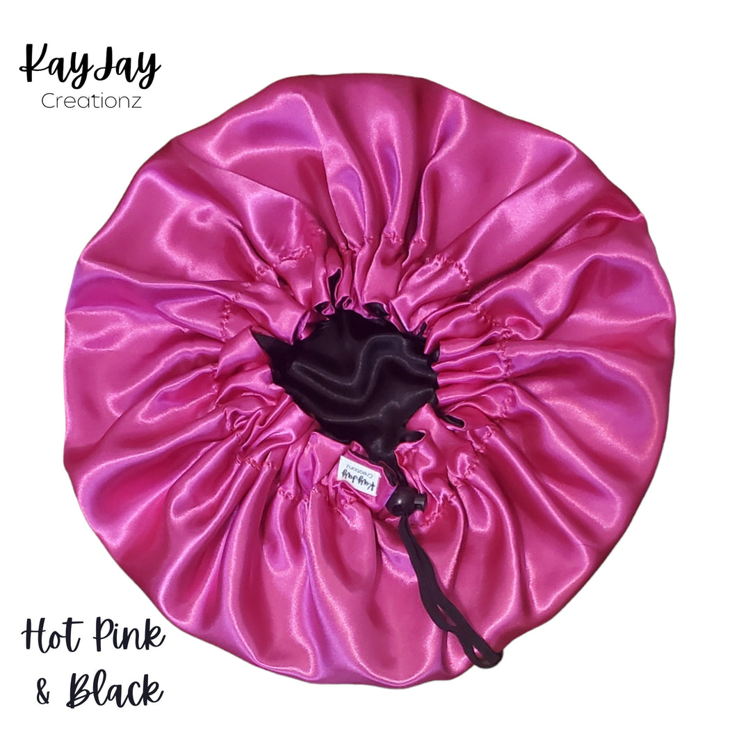Hot Pink & Black Adult Silk Satin Bonnet | Double-Layered Reversible and Adjustable Satin Bonnet | Silk Satin Sleep Cap